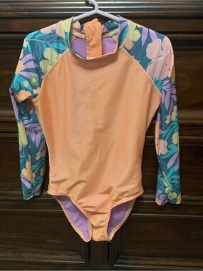 Kids Long-Sleeve Peach Floral Rash Guard One-Piece Swimsuit